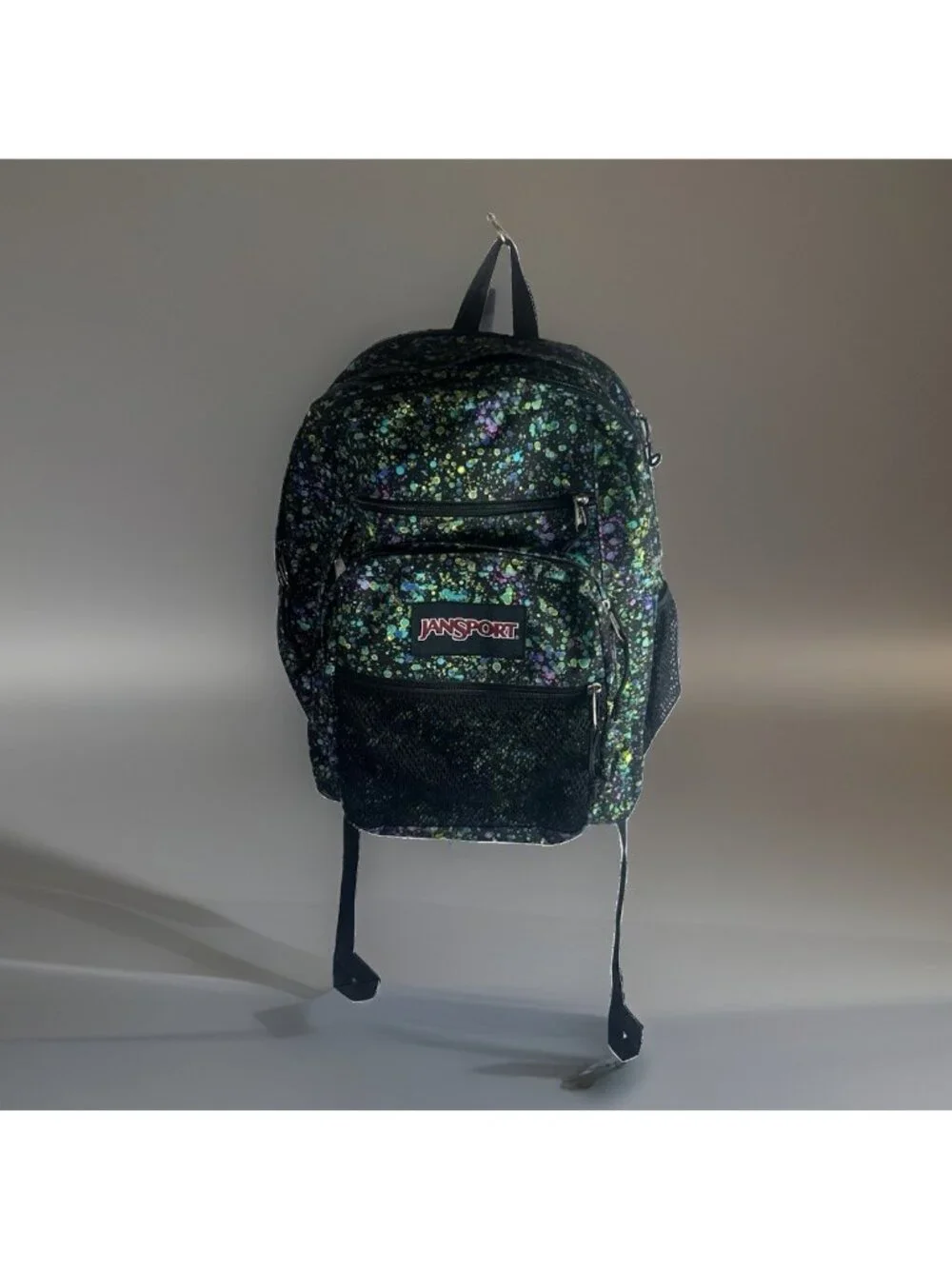JANSPORT BACKPACK Black with BUBBLE COLORS 5 ZIPPER POUCHES 17” With mesh